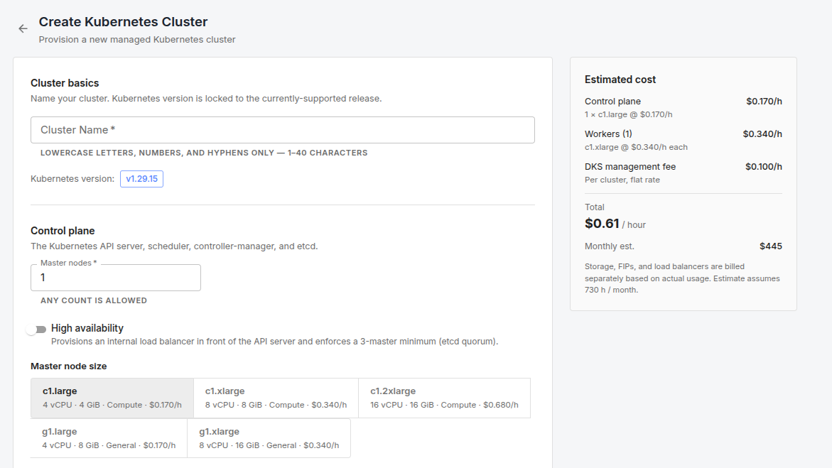Delphi Cloud console \u2014 create a Kubernetes cluster
